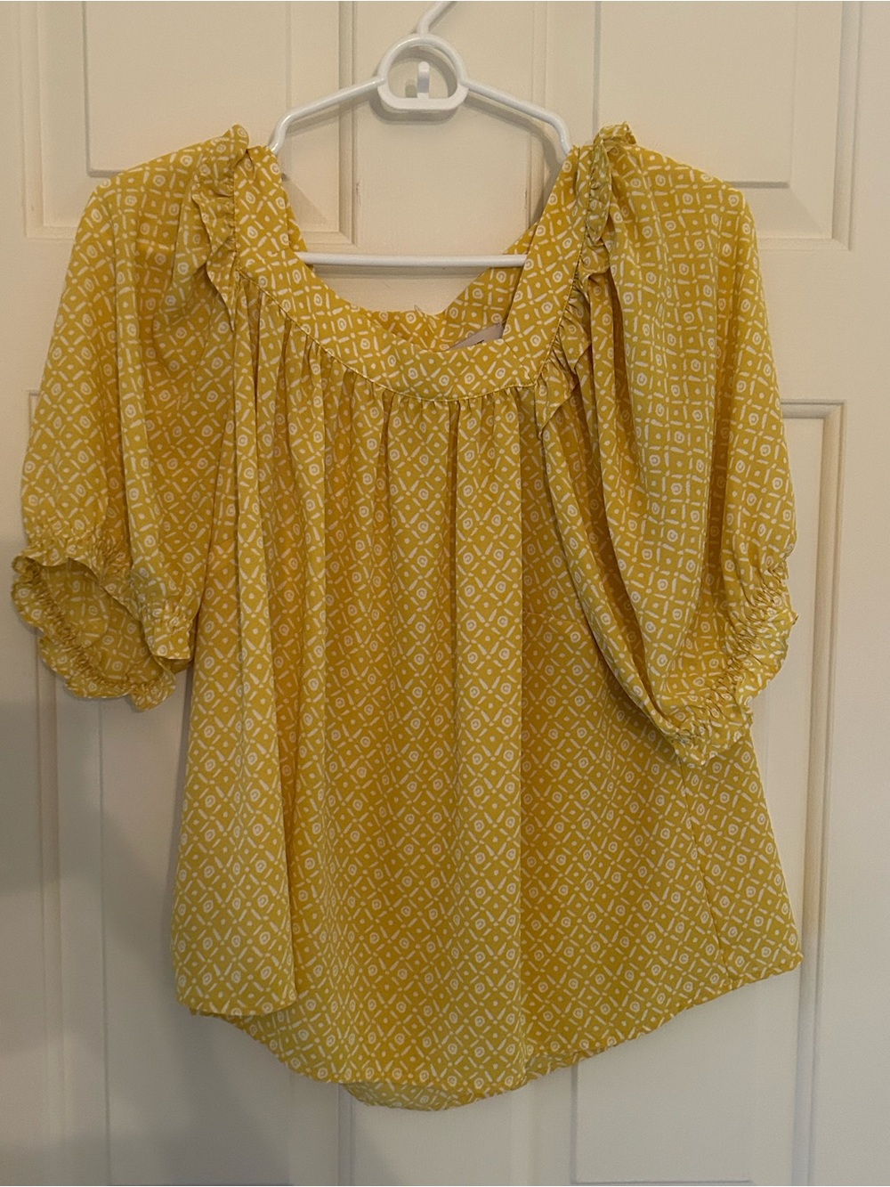 LOFT Yellow Geometric Print Peasant Top